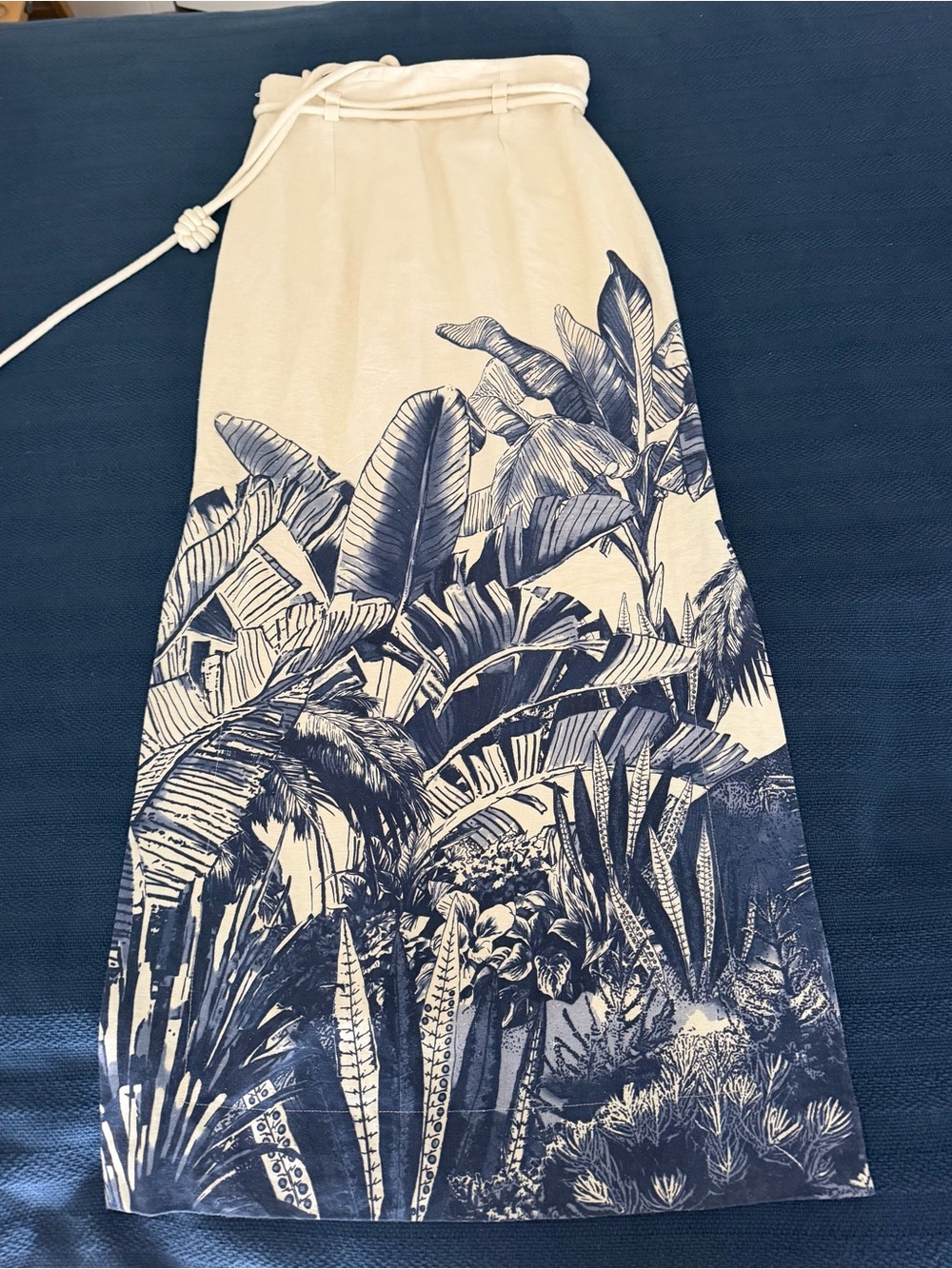 Cream Maxi Skirt with Blue Botanical Print and Tie Waist